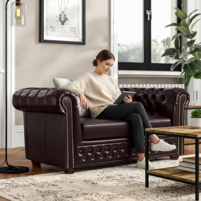 Design Bank 2-zits Bank Chesterfield Bekleding Set Leer Textiel Nieuw