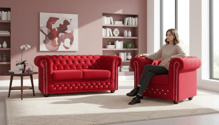 Sofaset 2+1 Zitsbank Bank Gestoffeerde Blauwe Klassieke Bankstel