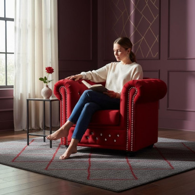 Fauteuil Design Bekleding Modern Textiel Rood TV 1-Zits Chesterfield Nieuw