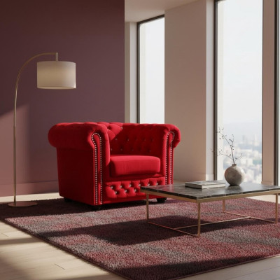 Fauteuil Design Bekleding Modern Textiel Rood TV 1-Zits Chesterfield Nieuw