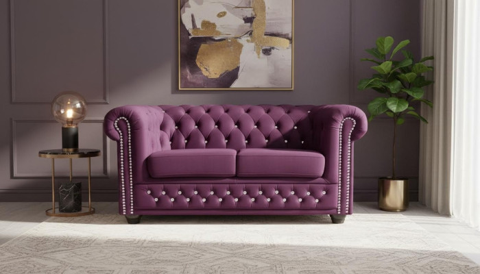 Chesterfield stoffen bank gestoffeerd met textiel, 2-zits, paars.