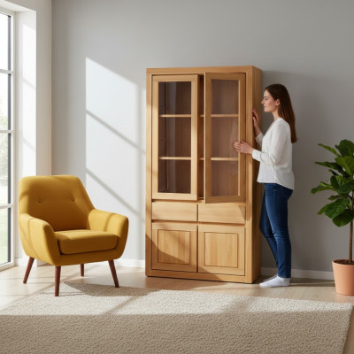 Moderne vitrine vitrinekast handwerk massief houten eiken kasten