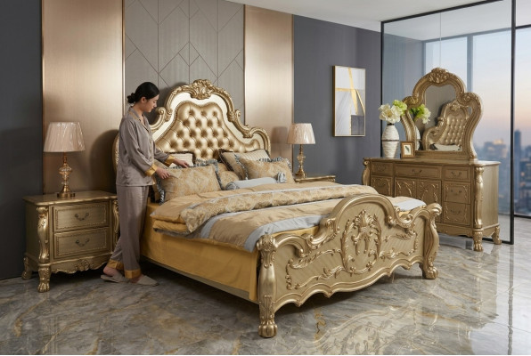 Bed luxe tweepersoons slaapkamer barok houten lederen bedden