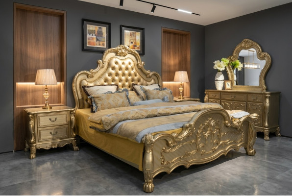 Bed luxe tweepersoons slaapkamer barok houten lederen bedden