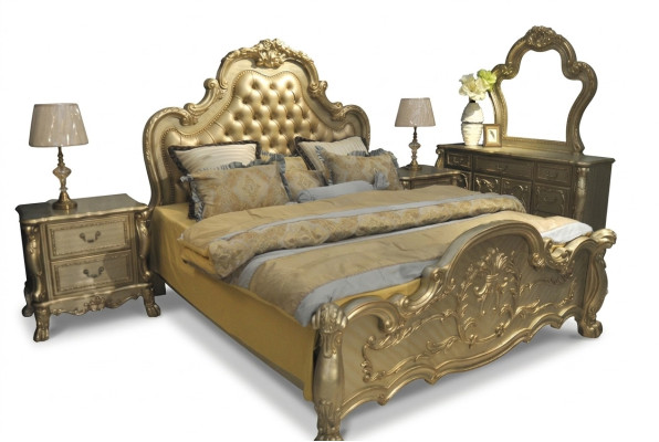 Bed luxe tweepersoons slaapkamer barok houten lederen bedden