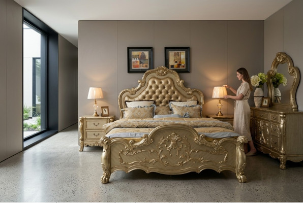 Bed + 2x bedside table 3-piece bedroom set Designer luxury bedroom Baroque