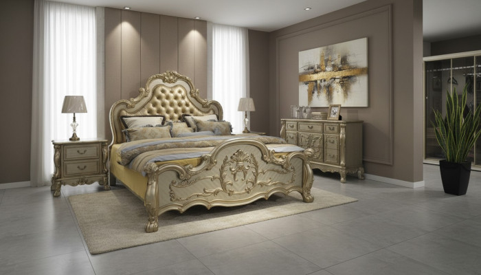 Bed + 2x bedside table 3-piece bedroom set Designer luxury bedroom Baroque