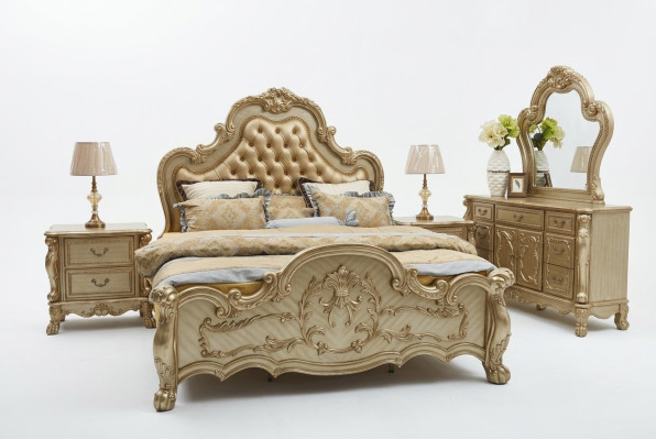 Bed + 2x bedside table 3-piece bedroom set Designer luxury bedroom Baroque