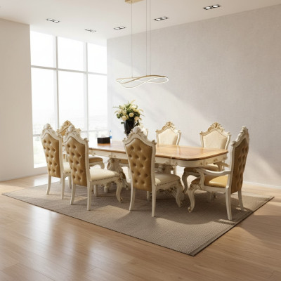 Wit-bruine eetkamerset Grote eettafel met leren stoelen