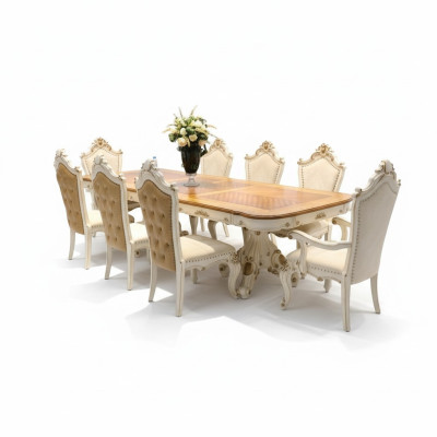 Wit-bruine eetkamerset Grote eettafel met leren stoelen