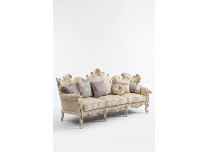 Exclusieve houten vierzits xxl bank in barok en rococo stijl met textielen bekleding en ronde vorm.
