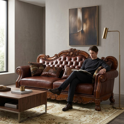 Leren bank Barokstijl Rococo leren bank bank bekleding zitplaats 3-zits driezitter