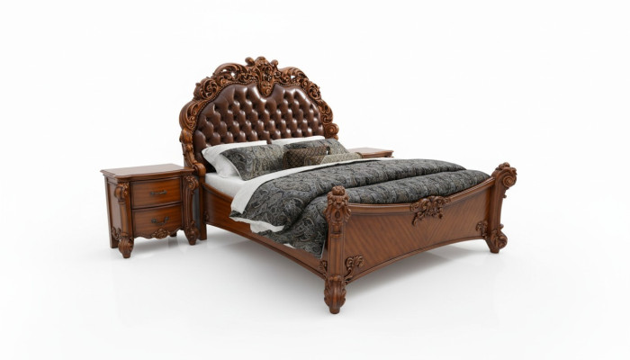 Slaapkamerset Bed + 2x Nachtkastje Chesterfield Hout Leer Bedden Bekleding
