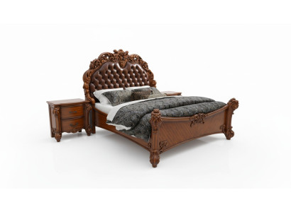 Slaapkamerset Bed + 2x Nachtkastje Chesterfield Hout Leer Bedden Bekleding