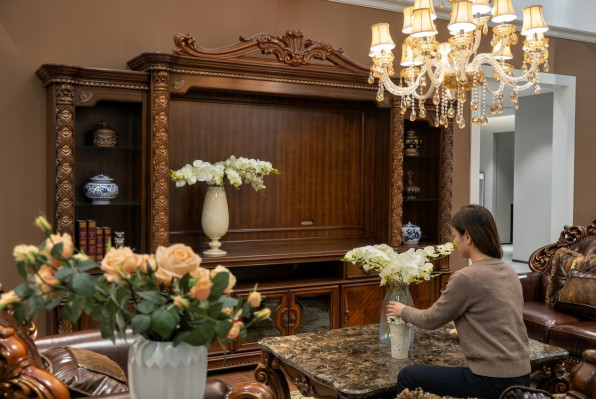 TV muur klassiek woonkamer echt handgemaakt houten vitrinekast