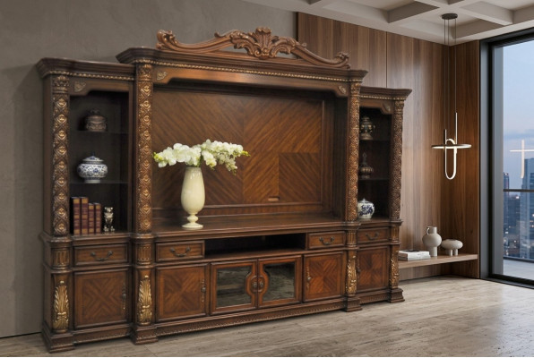 TV muur klassiek woonkamer echt handgemaakt houten vitrinekast