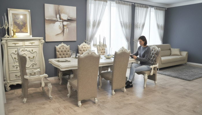 Oude witte eetkamerset Grote eettafel met leren Chesterfield stoelen