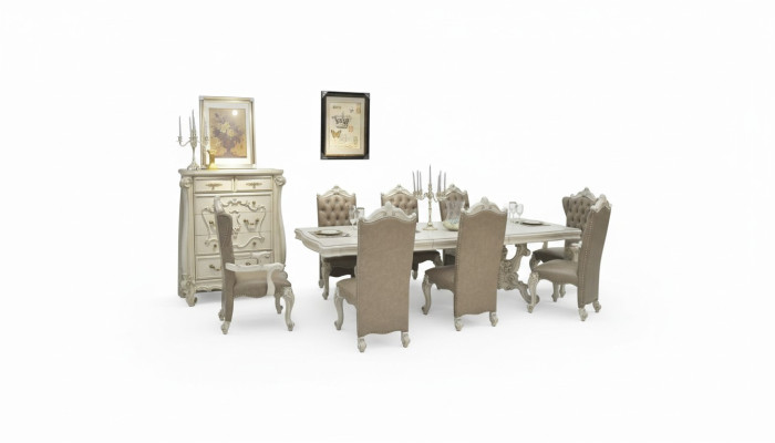 Oude witte eetkamerset Grote eettafel met leren Chesterfield stoelen