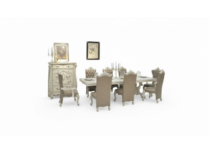 Oude witte eetkamerset Grote eettafel met leren Chesterfield stoelen