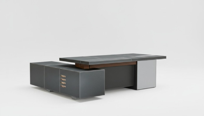 Ontwerp kantoor meubilair inrichting bureau hoek tafel baas leer hout