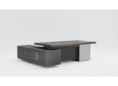 Ontwerp kantoor meubilair inrichting bureau hoek tafel baas leer hout