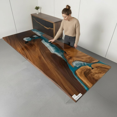 Epoxiharsen Riviertafel Echt massief hout Blauw water Tisch Epoxy