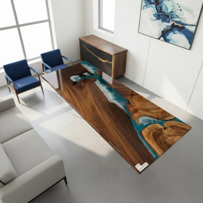 Epoxiharsen Riviertafel Echt massief hout Blauw water Tisch Epoxy