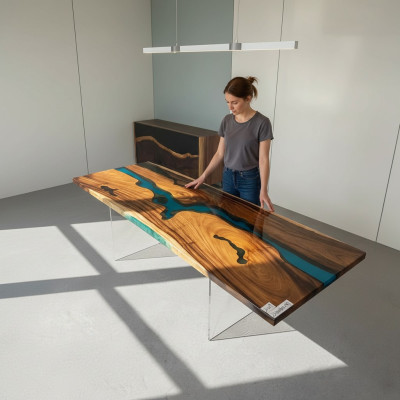 Epoxihars eettafel echt hout massief meubilair decoratie waterval epox tafel
