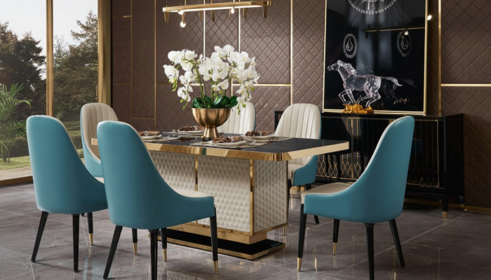 Ontwerper houten eet-woonkamerset tafel 4x stoelen met leuning set arrangement