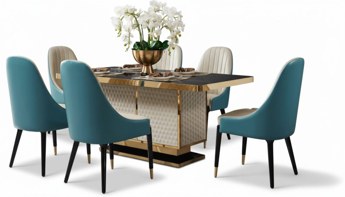 Ontwerper houten eet-woonkamerset tafel 4x stoelen met leuning set arrangement