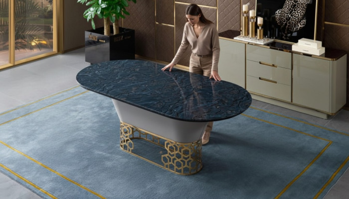 Luxe designer roestvrijstalen metalen eettafel tafels woonkamer marmer design.