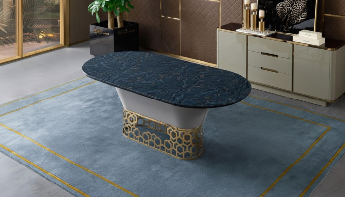 Luxe designer roestvrijstalen metalen eettafel tafels woonkamer marmer design.
