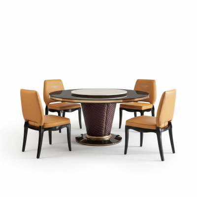 Luxe design eetkamer met ronde tafel en 6 metalen leunstoelen.