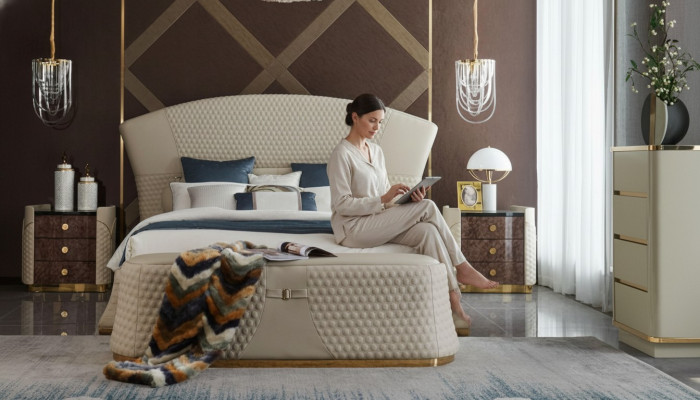 Slaapkamer Bed Krukje 2x Nachtkastje Complete Sets Lederen Meubels