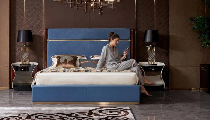 Klassiek bedframe Lederen bed Blauwe luxe bedden Slaapkamermeubilair