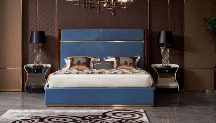 Klassiek bedframe Lederen bed Blauwe luxe bedden Slaapkamermeubilair