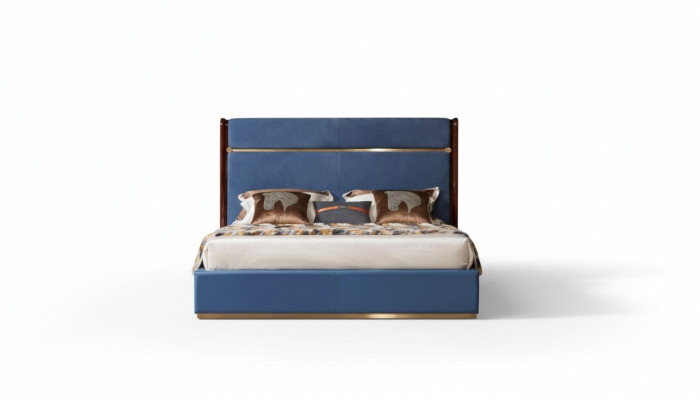 Klassiek bedframe Lederen bed Blauwe luxe bedden Slaapkamermeubilair