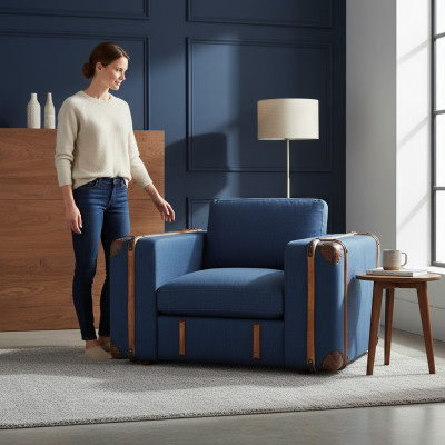 Ontwerp fauteuil koffer textiel bank gestoffeerde eenzitterbank woonkamer meubels retro.