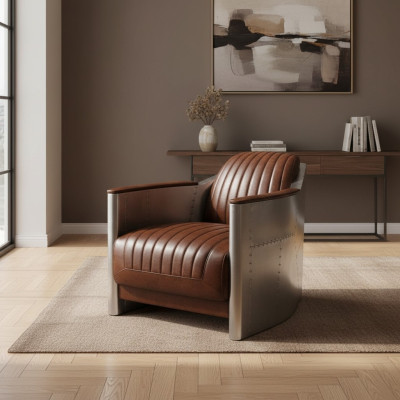 Fauteuil echt leer bank sofa vliegtuig club lounge retro aviator vintage aluminium