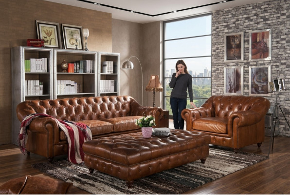 Bankstel 3-zits Chesterfield set Engels vintage bankstel fauteuil
