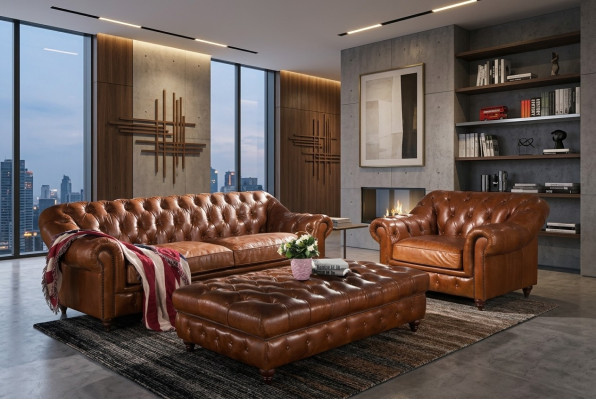 Bankstel 3-zits Chesterfield set Engels vintage bankstel fauteuil