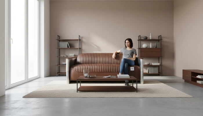 Echtlederen bankstel leren designbank 3-zits vintage bank aluminium vliegtuigmetaal