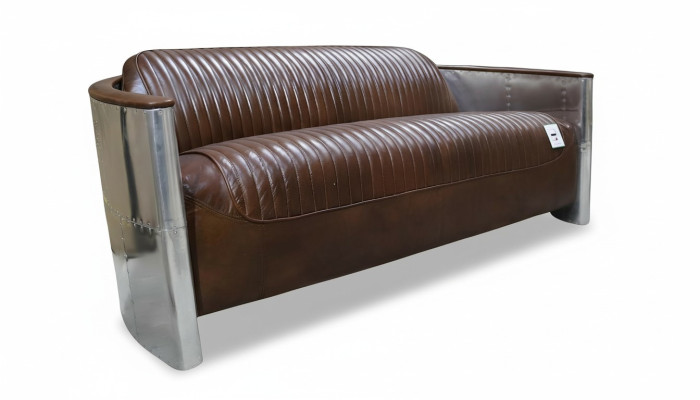 Echtlederen bankstel leren designbank 3-zits vintage bank aluminium vliegtuigmetaal
