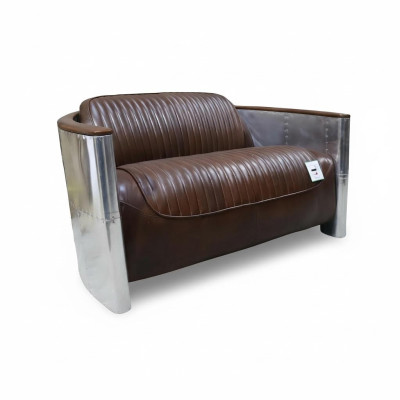 Echtlederen aluminium bankstel, 2-zits vintage lederen meubilair leren bank clubbank bankstel