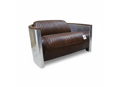 Echtlederen aluminium bankstel, 2-zits vintage lederen meubilair leren bank clubbank bankstel