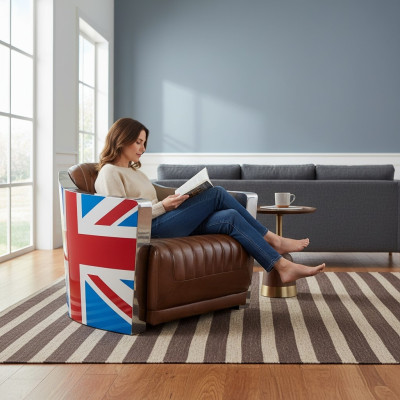 Union Jack Aviator Retro Clubstoel Bruin Leer Vintage Fauteuil Meubels