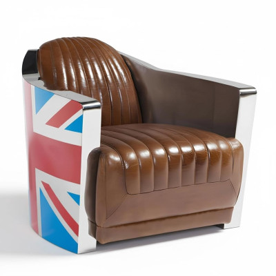 Union Jack Aviator Retro Clubstoel Bruin Leer Vintage Fauteuil Meubels