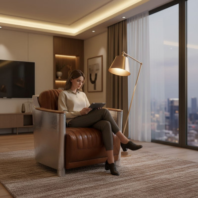 Fauteuil Echtleder Bank Bank club Lounge Retro Aviator Vintage Aluminium Vliegtuig