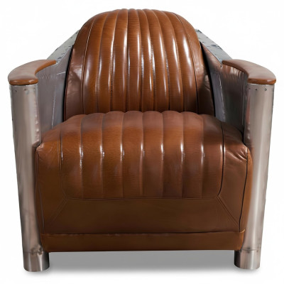 Fauteuil Echtleder Bank Bank club Lounge Retro Aviator Vintage Aluminium Vliegtuig