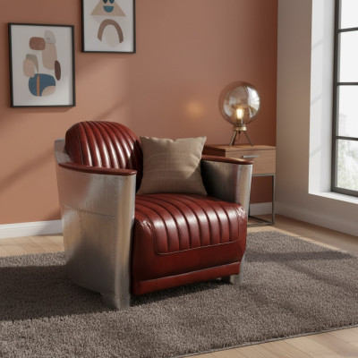 Bank Fauteuil Echt-lederen bank club Lounge Retro Aviator Vintage Aluminium Vliegtuig